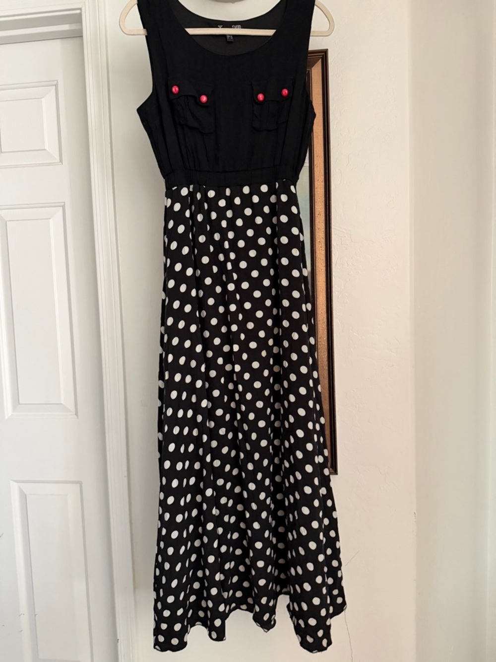Black & White Polka Dot Maxi Dress with Red Button Detail